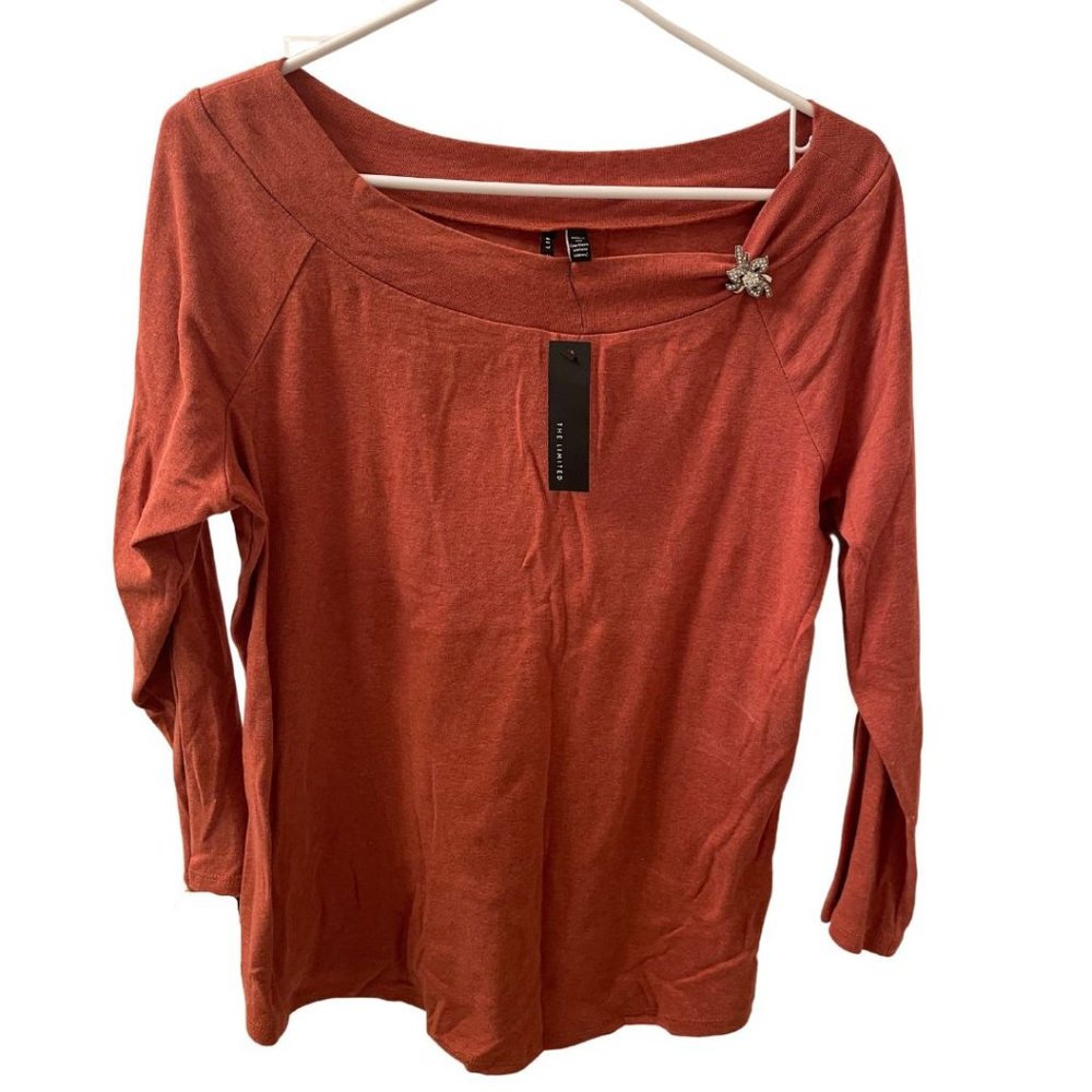 NWT The Limited Burnt Orange Knit Boatneck Sweater with Brooch | Size XL
